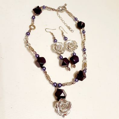 Purple Supreme Rose Choker Necklace And Earrings Set