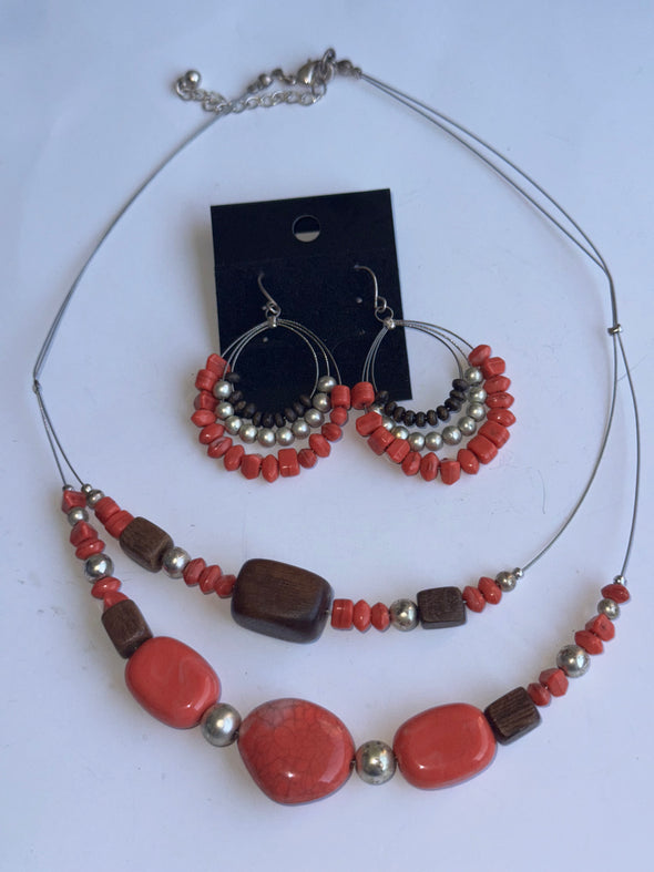 Coral Details Necklace And Earrings Set