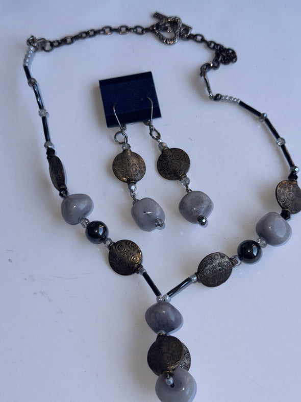 Grey Accent Stone Necklace And Earrings Set