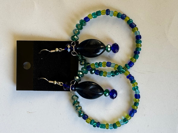 Blue And Greens with Navy Pendulum Boho Hoop Earrings