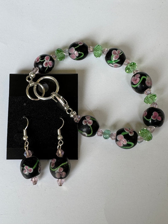 Black Floral Bracelet And Earrings Set