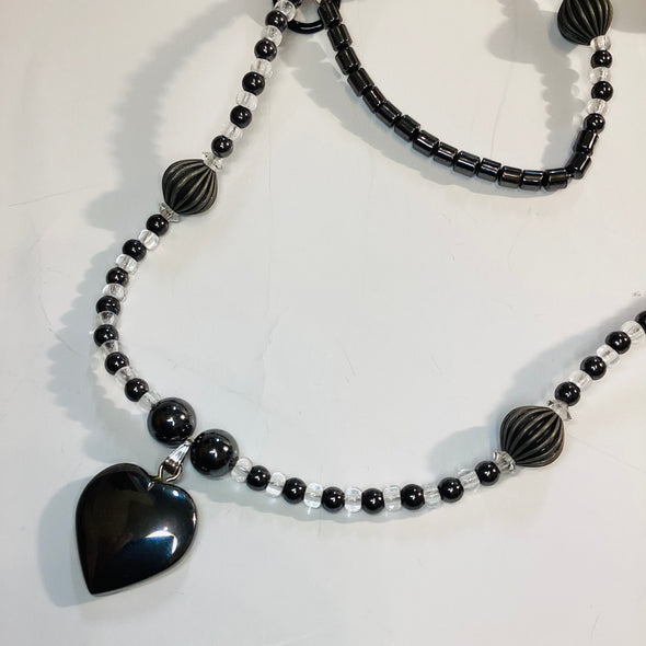 Heart Hematite Necklace And Earrings Set