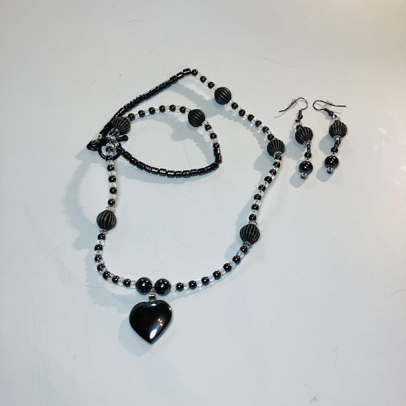 Heart Hematite Necklace And Earrings Set