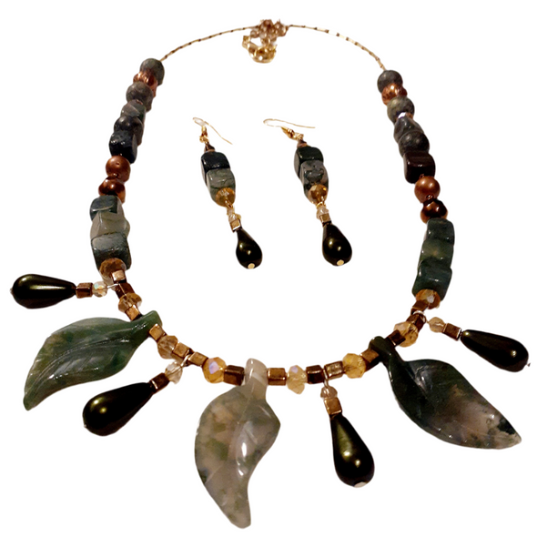 Jazzy Jade Leaf Necklace And Earrings Set