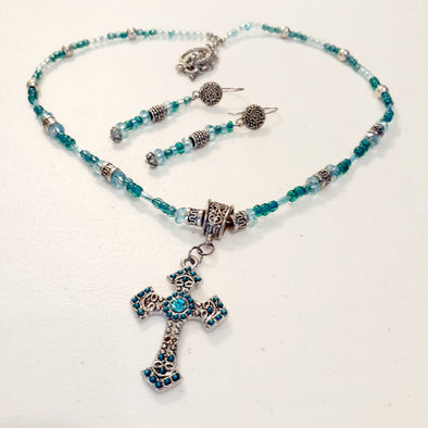 Sparkling Cross Necklace And Earrings Set