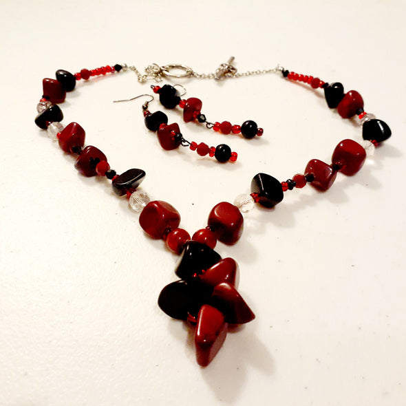 Red and Black Rocks Necklace And Earrings Set